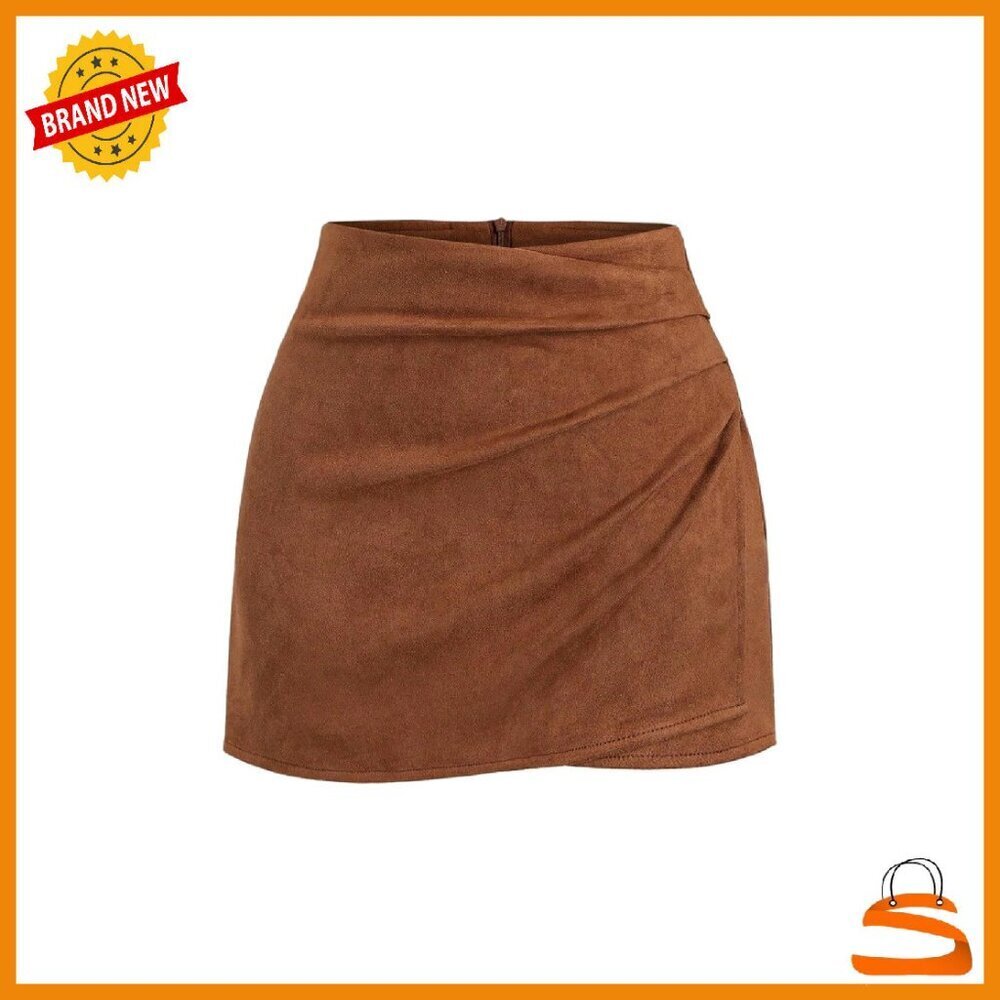 Suede Bodycon Mini Skirt High Waisted Wrap Ruched Asymmetrical Tulip